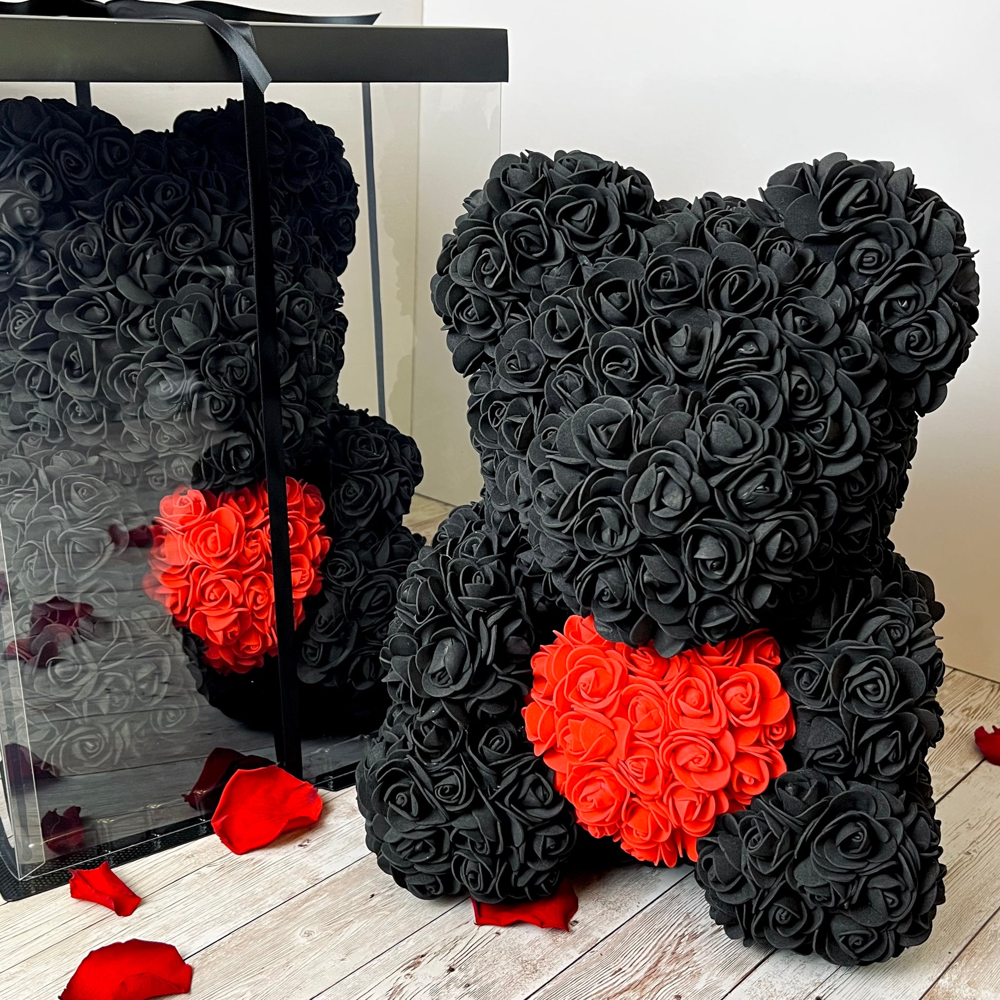 Black Forever Rose Bears| Rose Teddy | Gift Boxed Bears | Red Heart