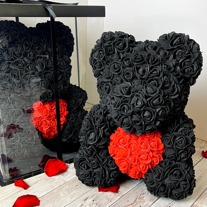 Black Forever Rose Bears| Rose Teddy | Gift Boxed Bears | Red Heart