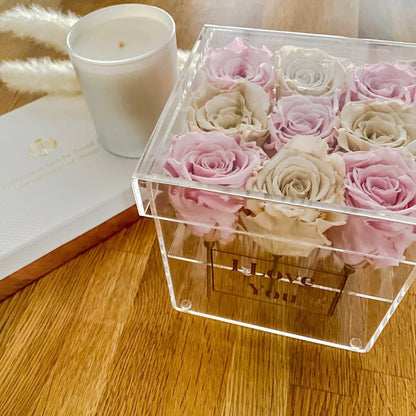 Pink and Champagne Infinity Roses - One Year Roses - Personalised Rose Box - Roses with gold stems