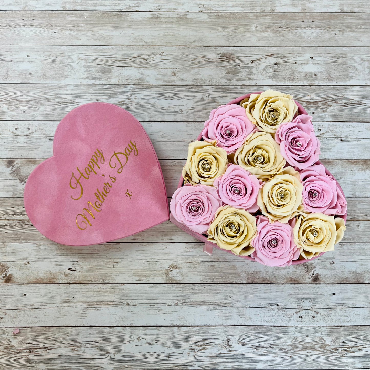 Pink Velvet Heart Infinity Rose Box - Pink & Champagne Forever Roses in a Box - Eternal Rose Gift - Bling Blooms