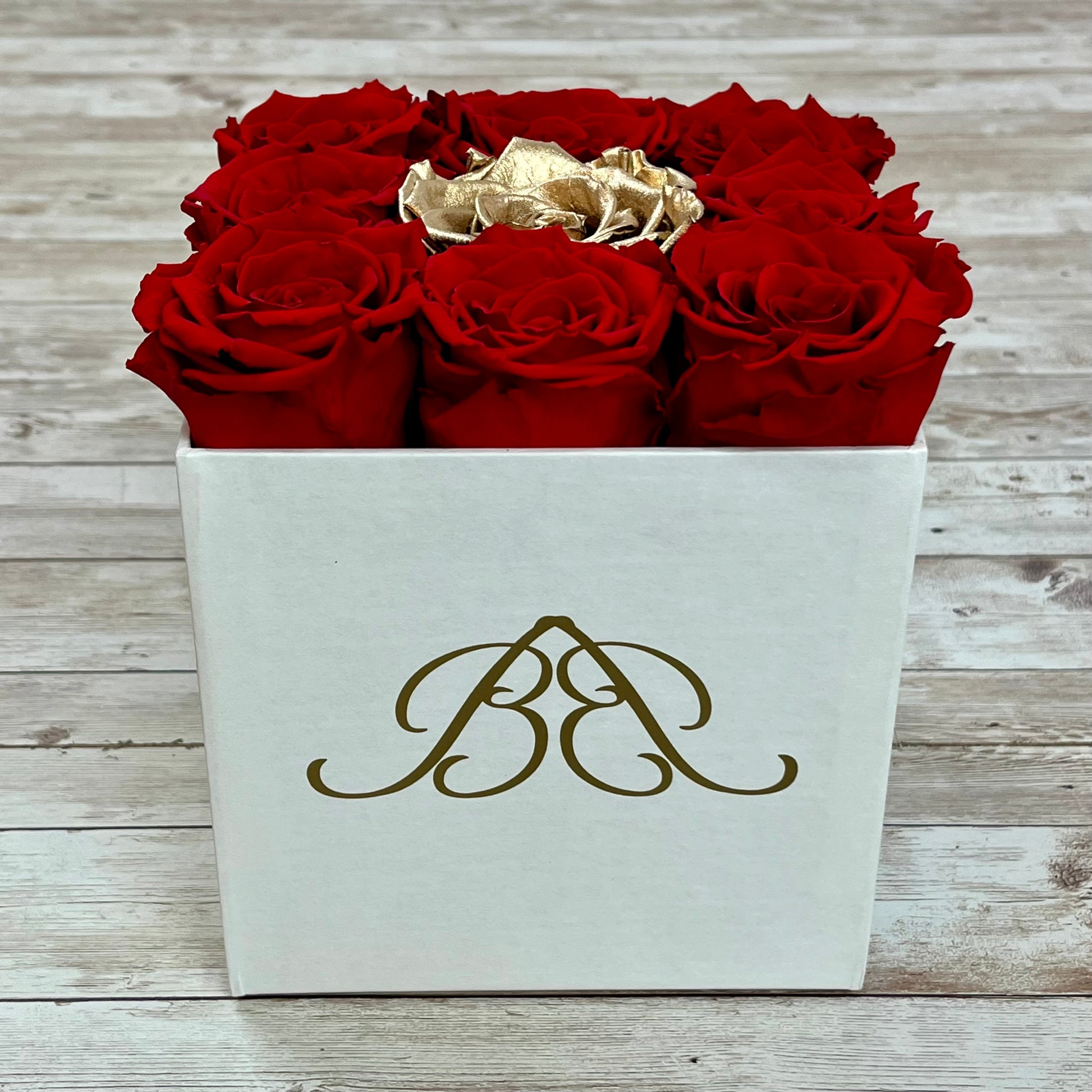 White Square Infinity Rose Box - Eternal Roses - Red & Gold One Year Roses - Rose Colours divider-Red with Gold centre