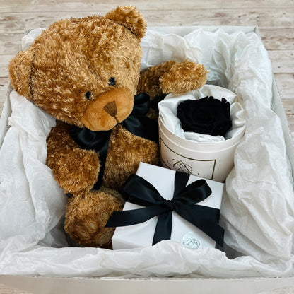 Teddy & Treats Hamper - Single Black Infinity Rose - One Year Roses - Rose Colours divider-Midnight Black