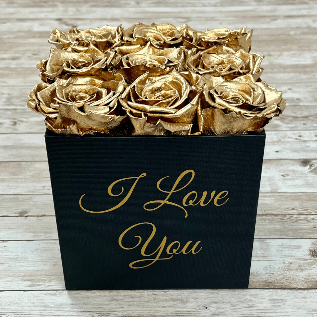 Black Square Infinity Rose Box - Eternal Roses - Gold One Year Roses - Box of Roses - Rose Colours divider-Glamorous Gold